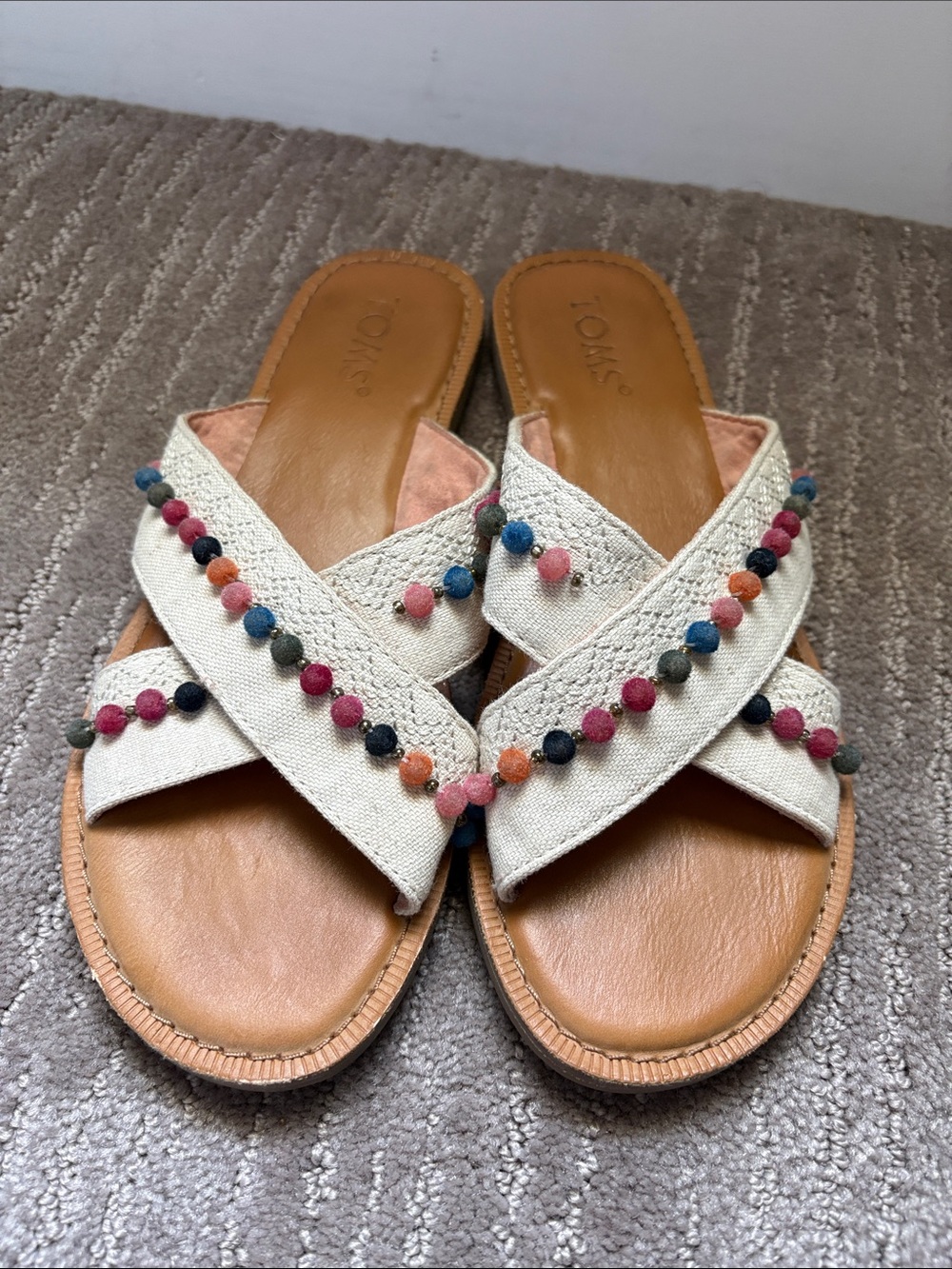Toms Cream Crossband Sandals with Multicolor Pom Accents